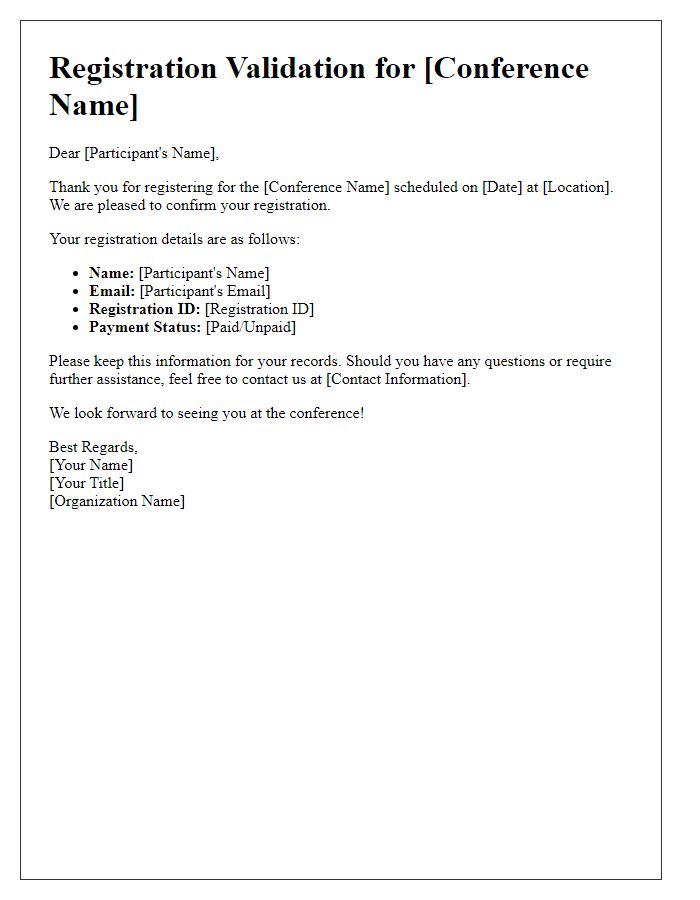 Letter template of registration validation for the scheduled conference.
