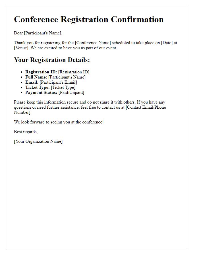 Letter template of secured registration details for conference goers.