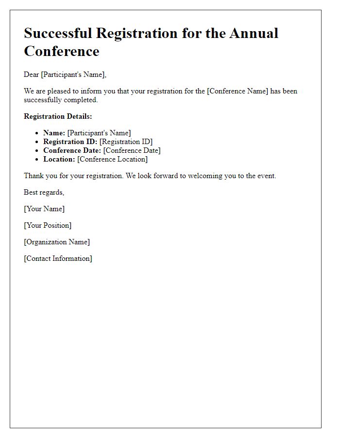 Letter template of successful registration notice for a conference.