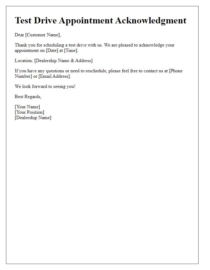 Letter template of acknowledgement for the test drive appointment