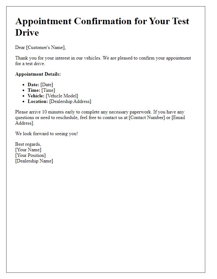 Letter template of appointment confirmation for your test drive