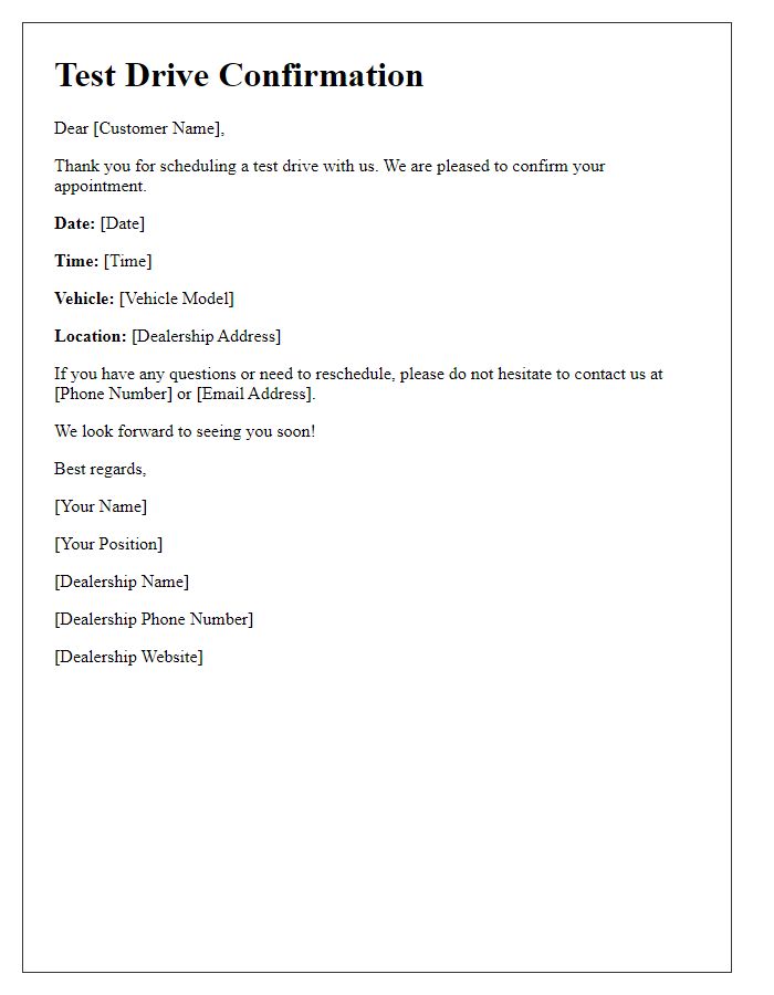 Letter template of confirmation message for test drive