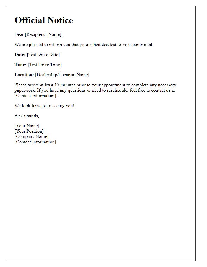 Letter template of official notice for your scheduled test drive