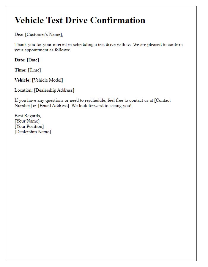 Letter template of scheduling confirmation for the vehicle test drive