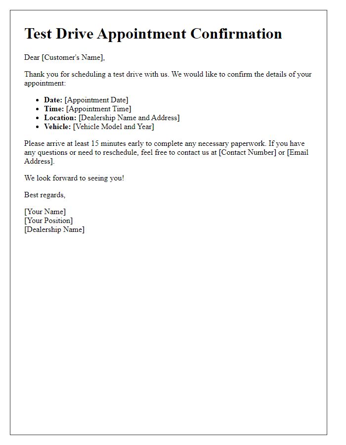 Letter template for verifying your test drive appointment details
