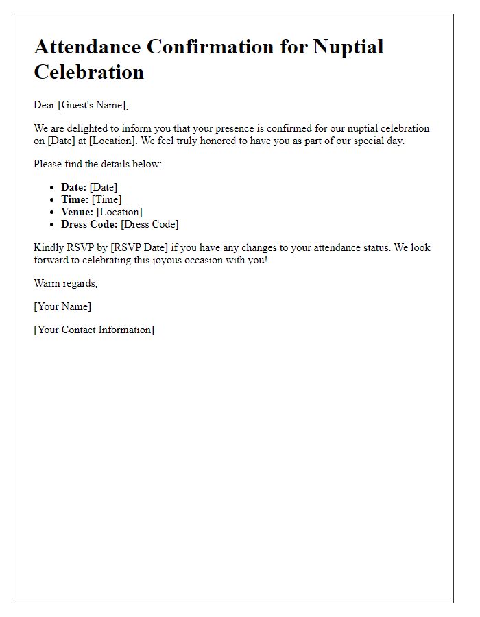 Letter template of Attendance Confirmation for Nuptial Celebration