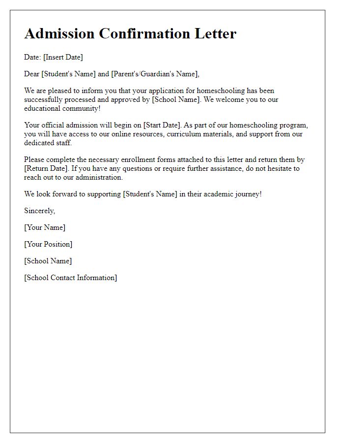 Letter template of school admission confirmation for homeschooling students