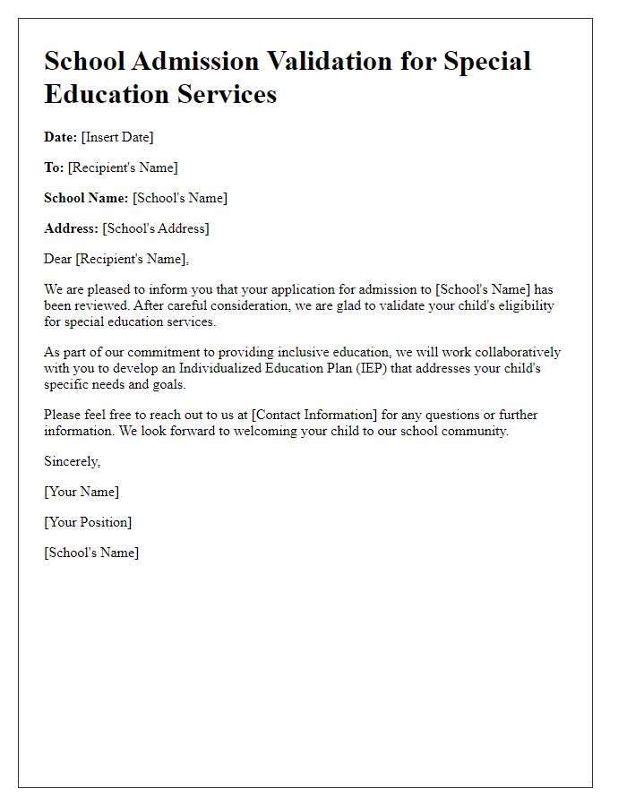 Letter template of school admission validation for special education services