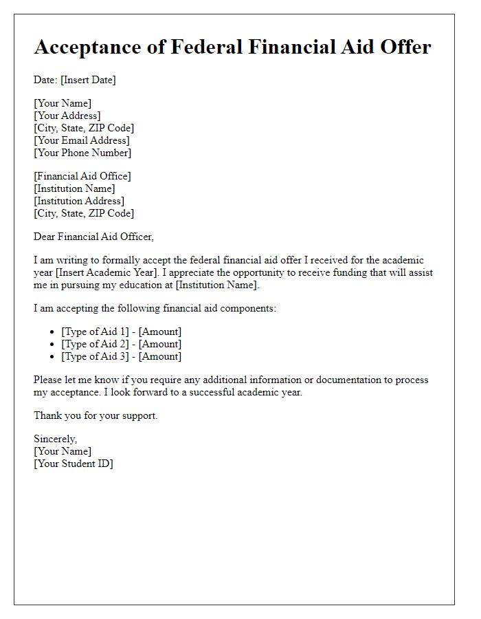 Letter template of acceptance for federal financial aid offer.