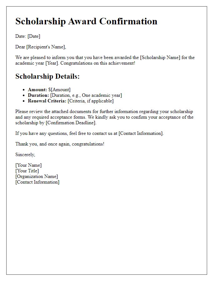 Letter template of confirmation of scholarship award details.