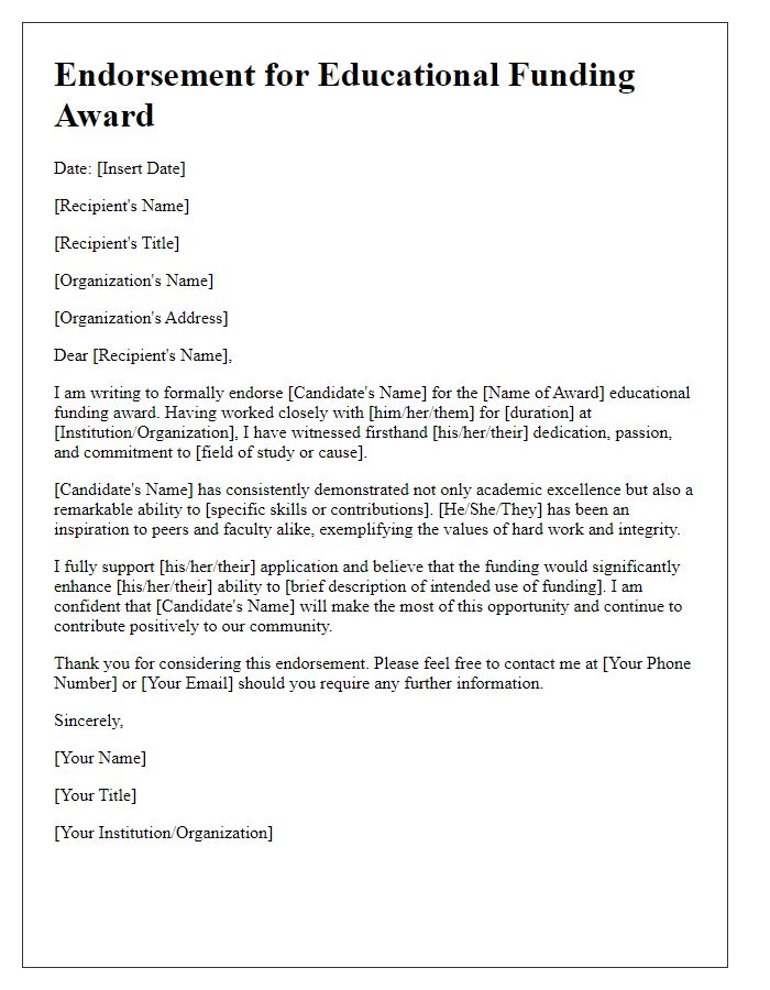 Letter template of endorsement for educational funding award.