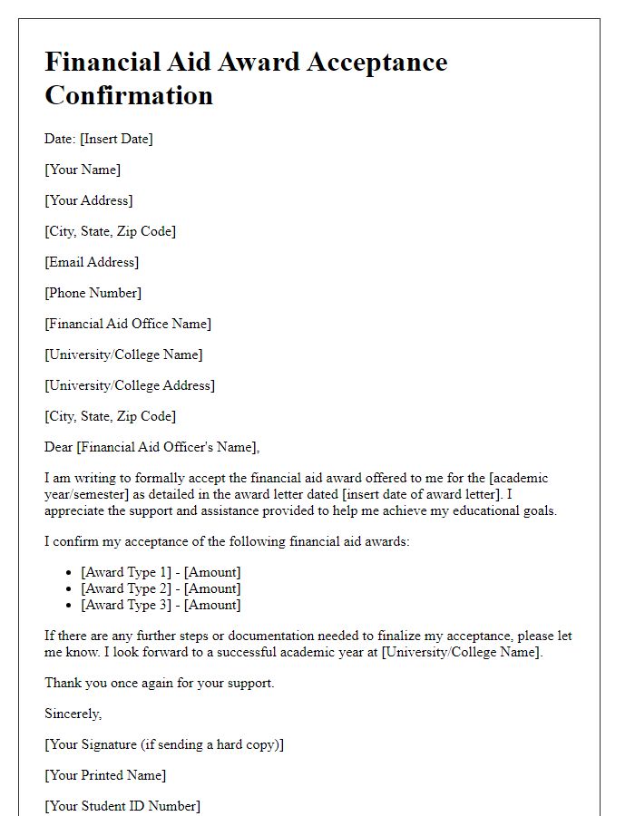 Letter template of financial aid award acceptance confirmation.