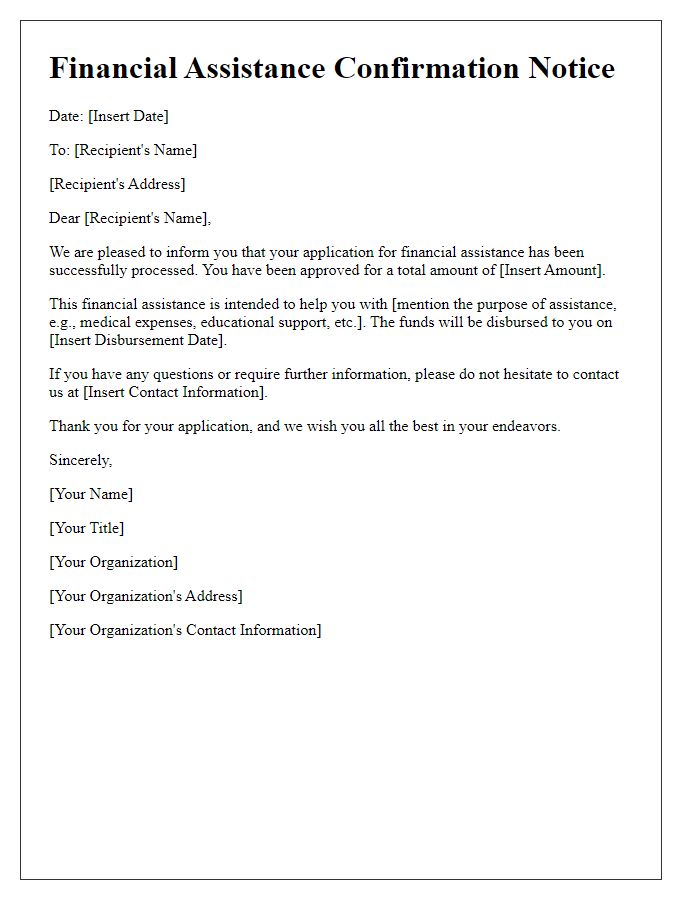 Letter template of notice for financial assistance confirmation.