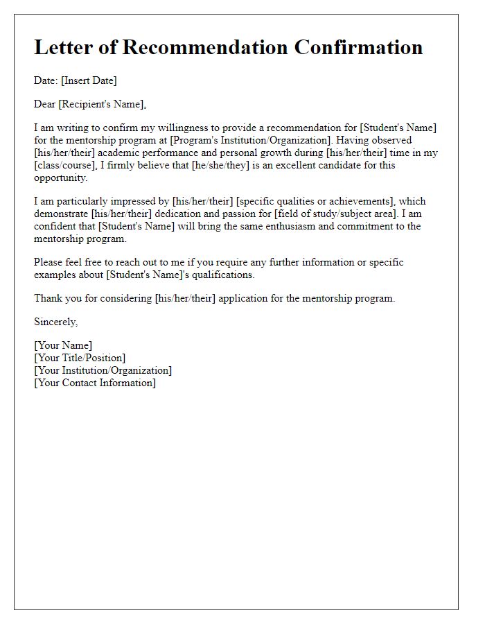 Letter template of academic recommendation confirmation for mentorship program.