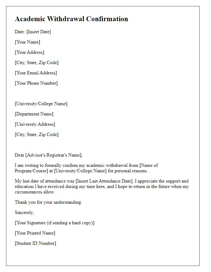 Letter template of academic withdrawal confirmation for personal reasons