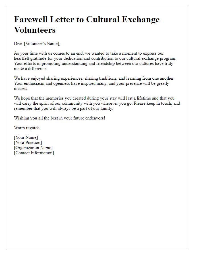 Letter template of farewell for cultural exchange volunteers