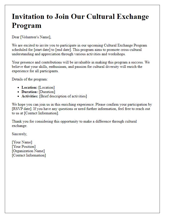 Letter template of invitation for cultural exchange volunteers