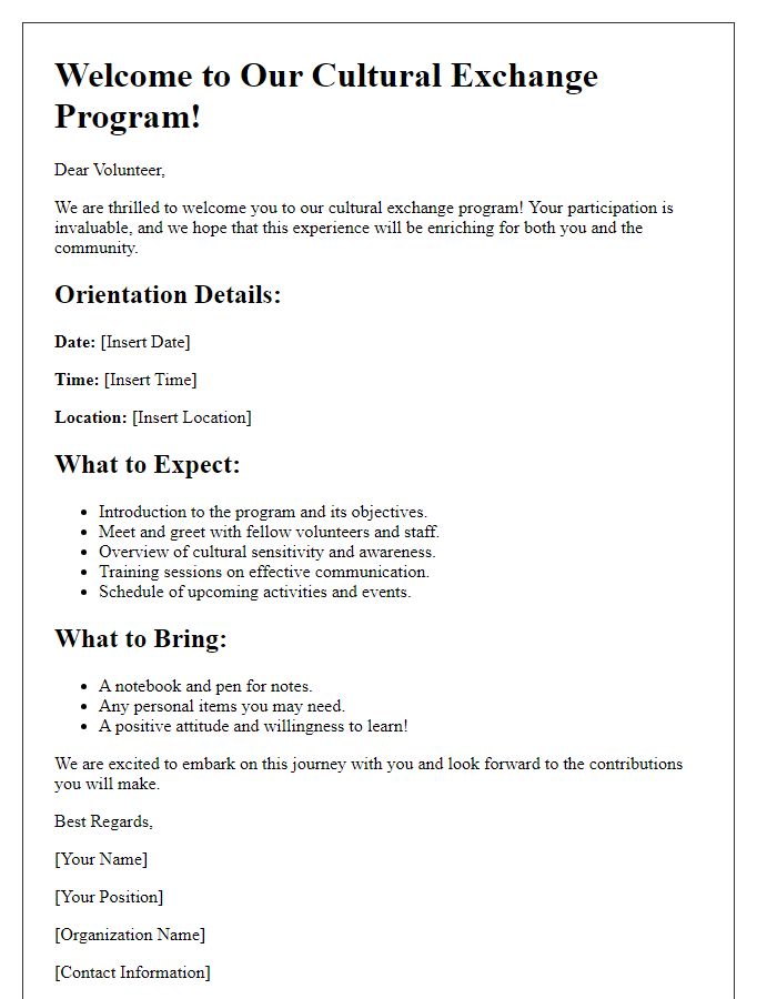 Letter template of orientation for cultural exchange volunteers