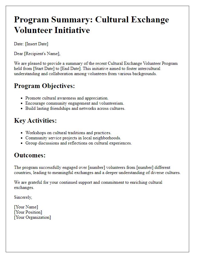 Letter template of program summary for cultural exchange volunteers