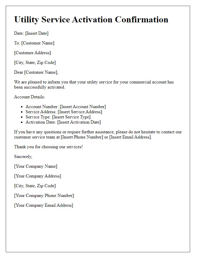 Letter template of utility service activation confirmation for commercial accounts