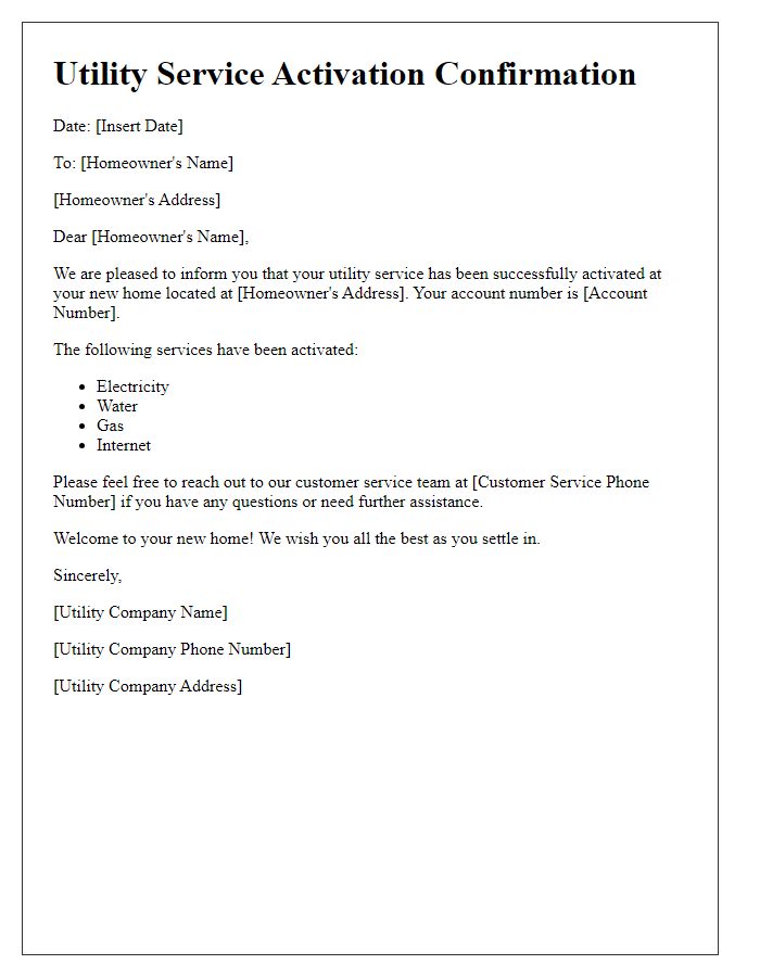 Letter template of utility service activation confirmation for new homeowners