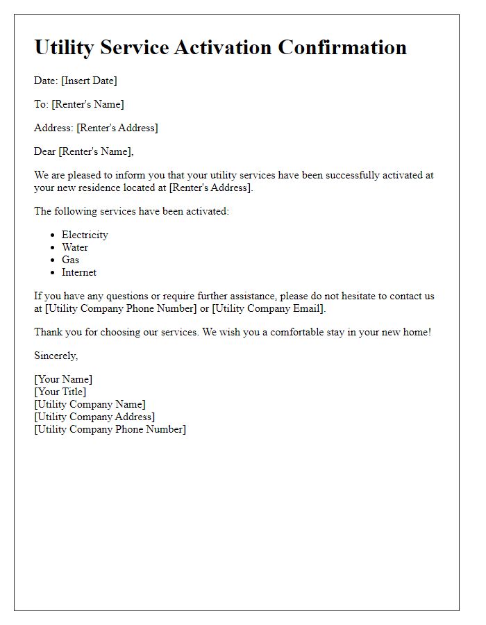 Letter template of utility service activation confirmation for renters