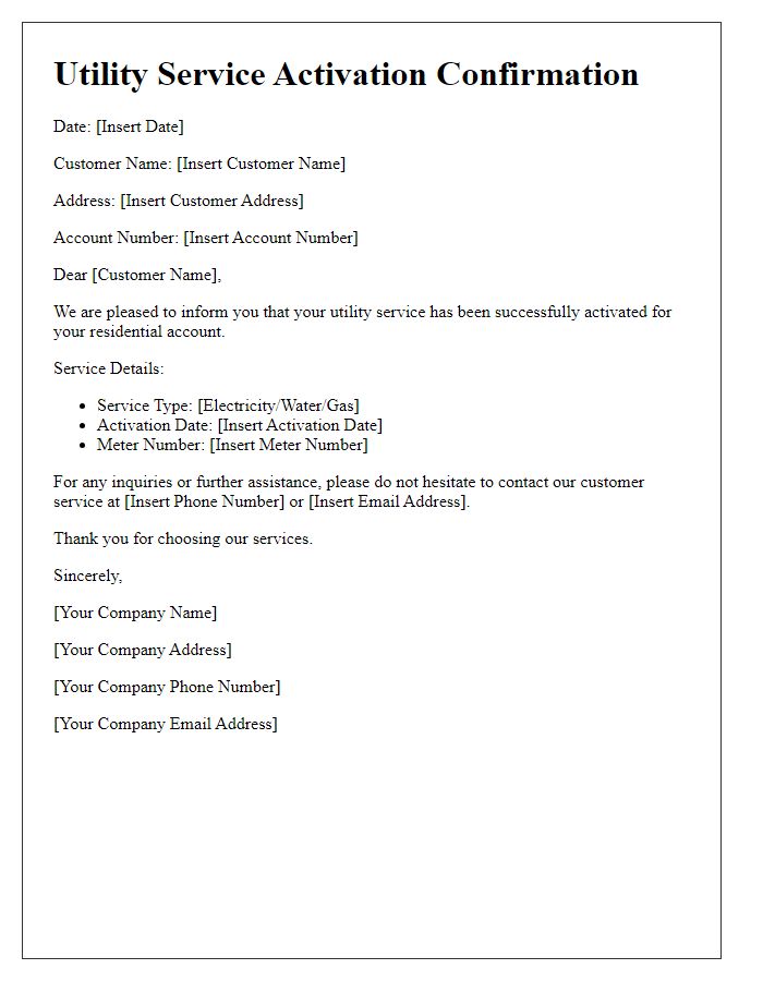 Letter template of utility service activation confirmation for residential accounts