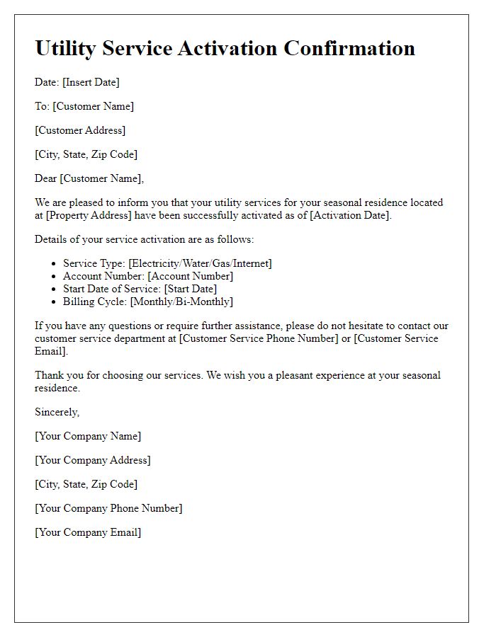 Letter template of utility service activation confirmation for seasonal residences