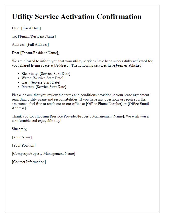 Letter template of utility service activation confirmation for shared living spaces