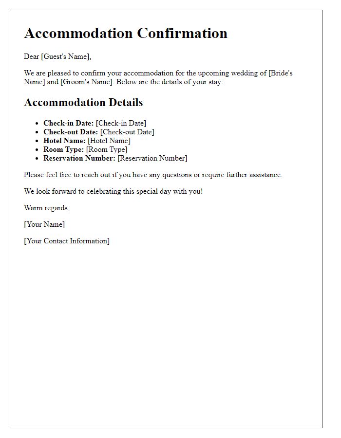 Letter template of accommodation confirmation for wedding guests