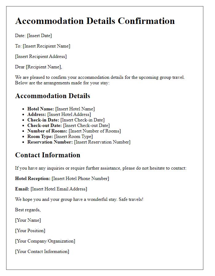 Letter template of accommodation details confirmation for group travel