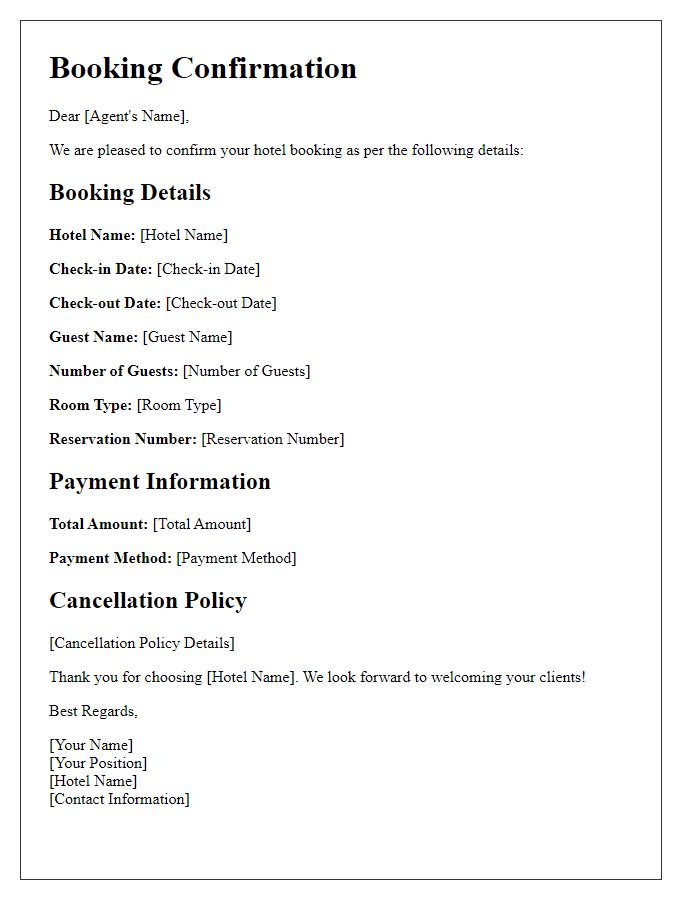 Letter template of hotel booking confirmation for travel agents