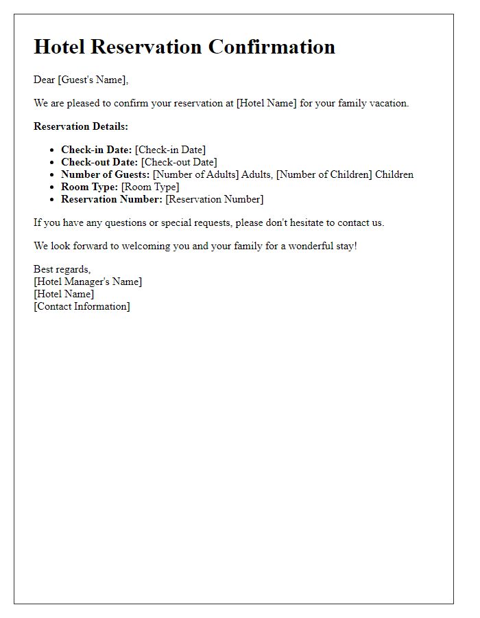 Letter template of hotel reservation confirmation for family vacation