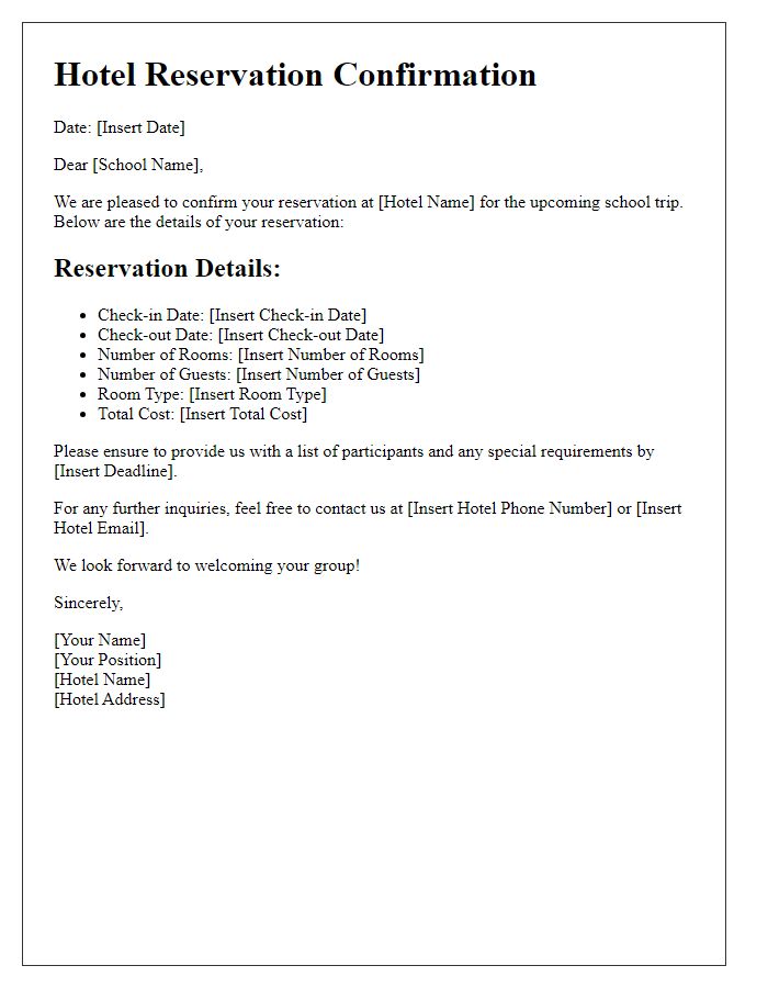 Letter template of hotel reservation confirmation for school trip