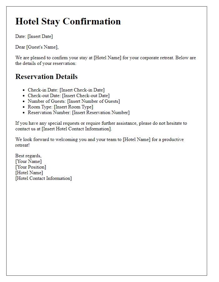 Letter template of hotel stay confirmation for corporate retreat