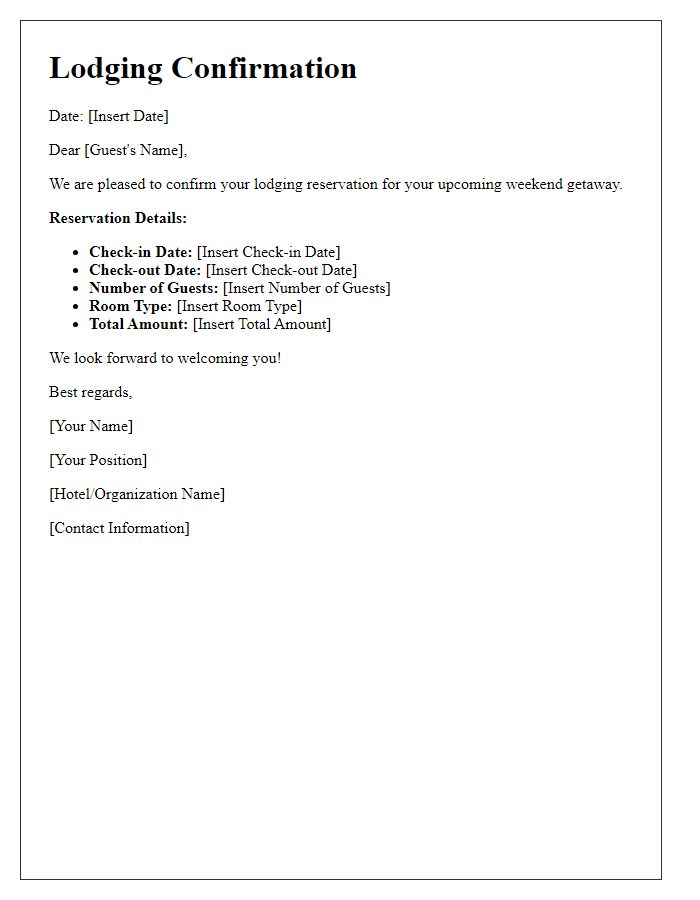 Letter template of lodging confirmation for a weekend getaway