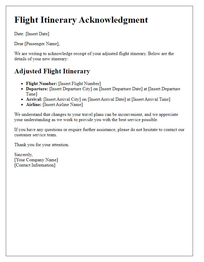 Letter template of adjusted flight itinerary acknowledgment