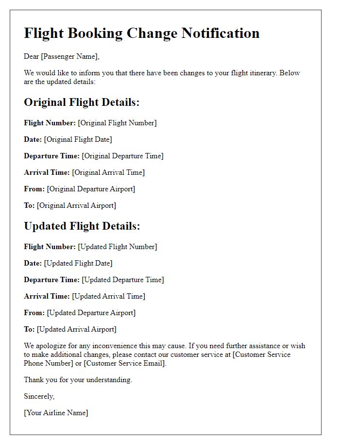 Letter template of changes to your flight booking