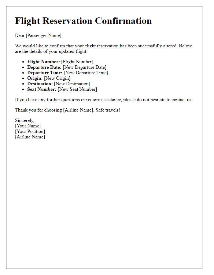 Letter template of confirmation for altered flight reservation