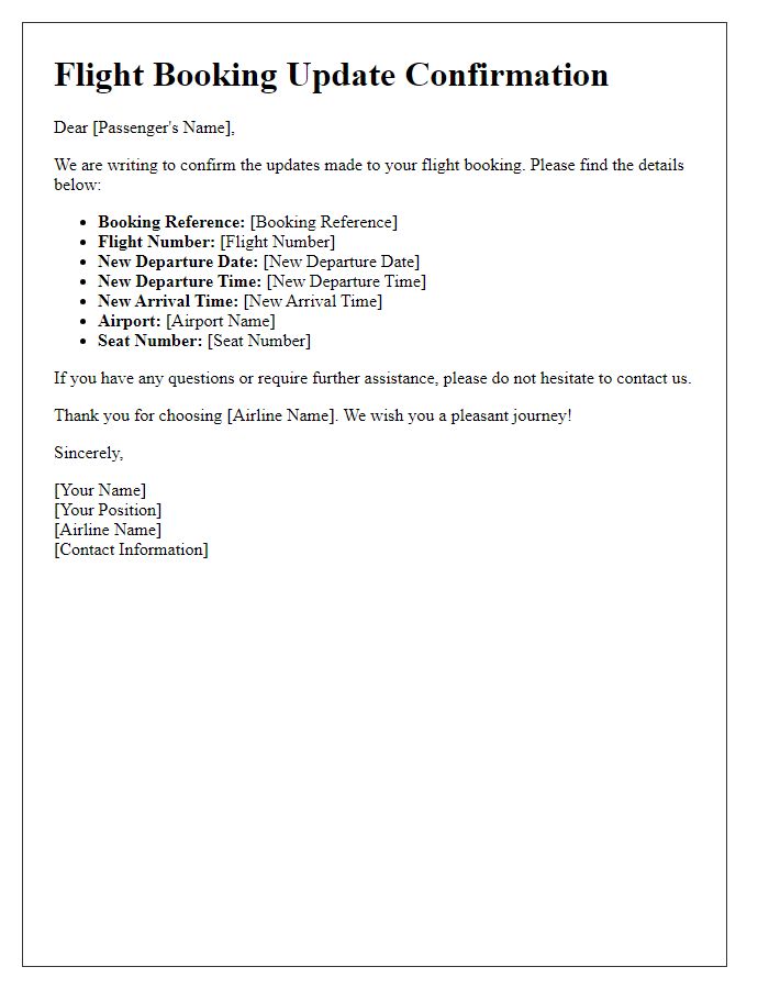 Letter template of confirmed updates to your flight booking