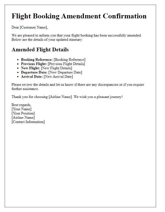 Letter template of flight booking amendment confirmation