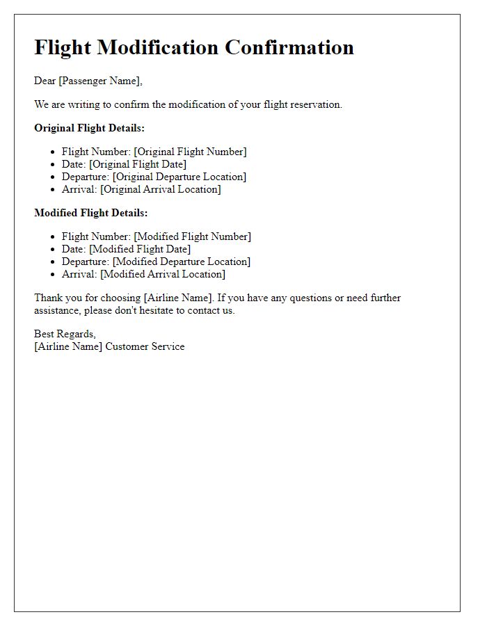 Letter template of flight modification confirmation