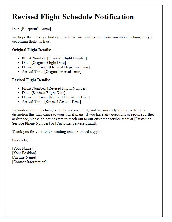 Letter template of revised flight schedule notification