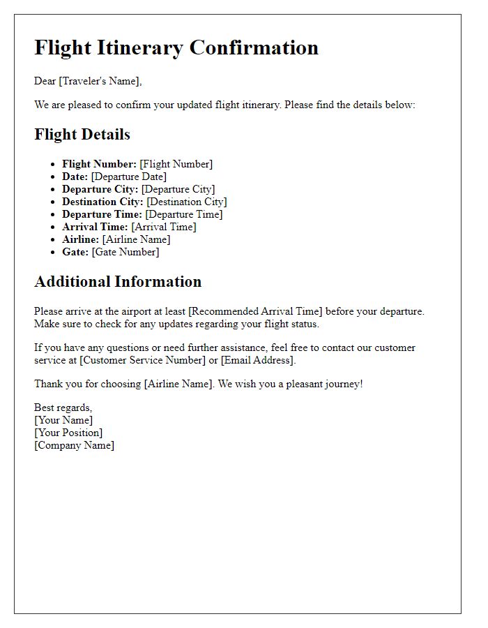 Letter template of updated flight itinerary confirmation