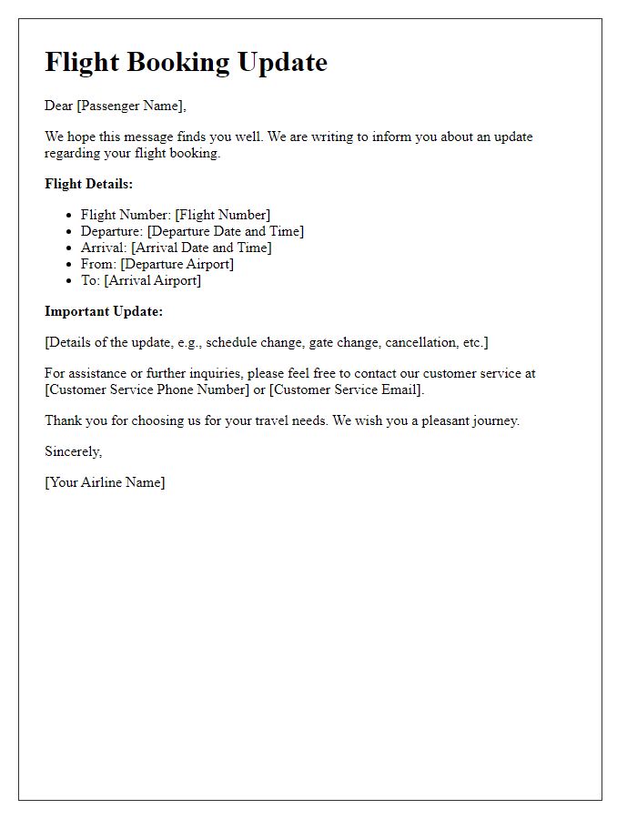Letter template of your flight booking update