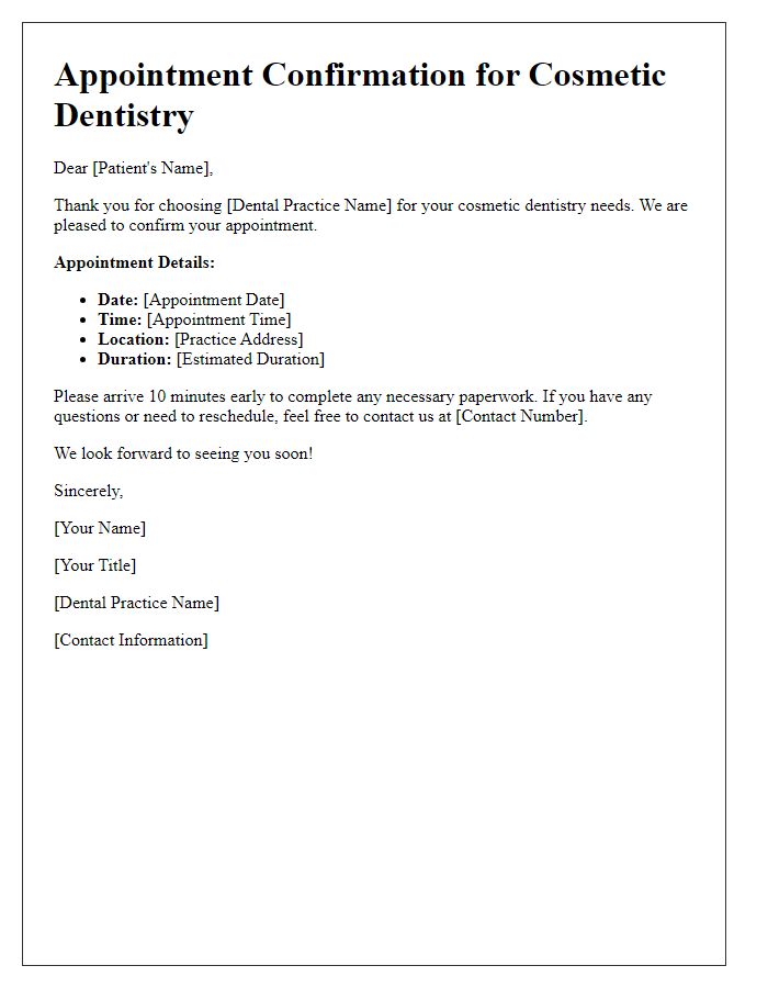 Letter template of dental service appointment confirmation for cosmetic dentistry.