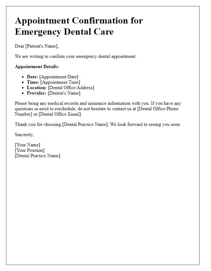 Letter template of dental service appointment confirmation for emergency dental care.