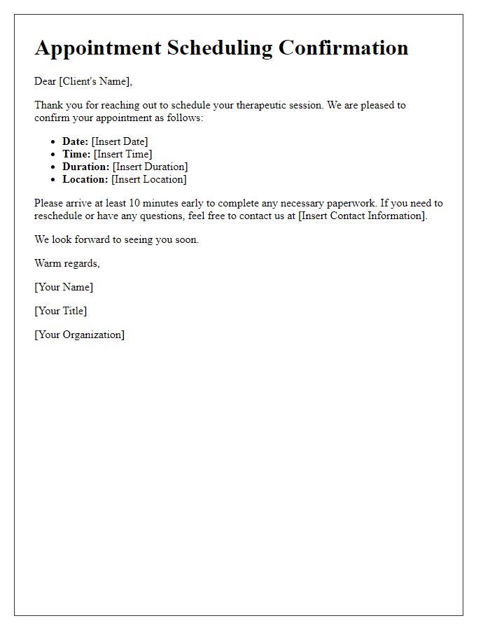 Letter template of appointment scheduling for therapeutic session.