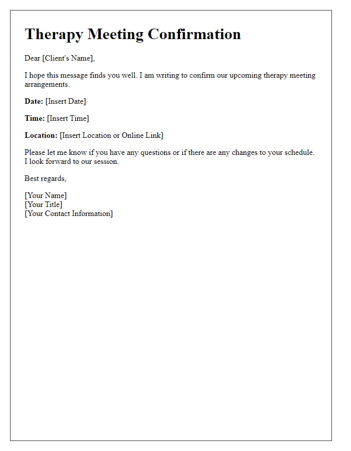 Letter template of confirming therapy meeting arrangements.