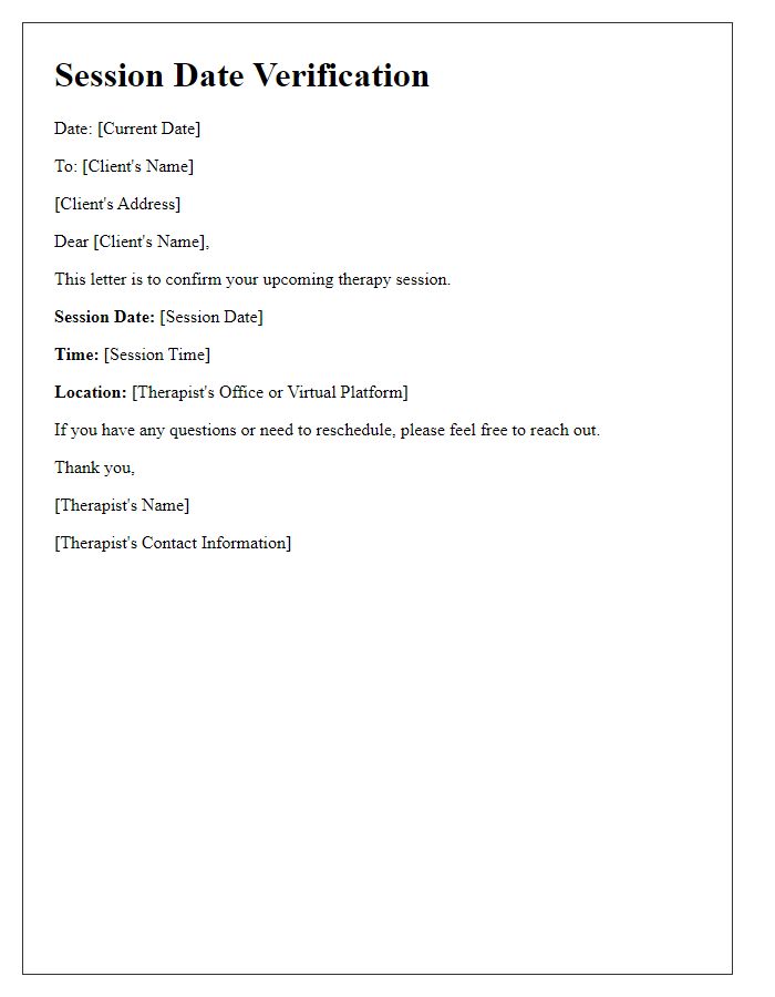 Letter template of session date verification for therapy.